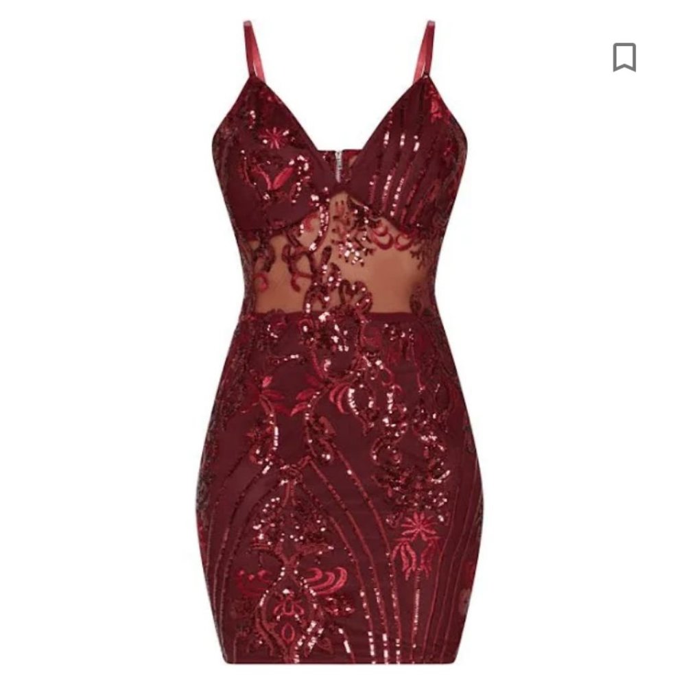 BURGUNDY STRAPPY SHEER PANEL SEQUIN BODYCON DRESS